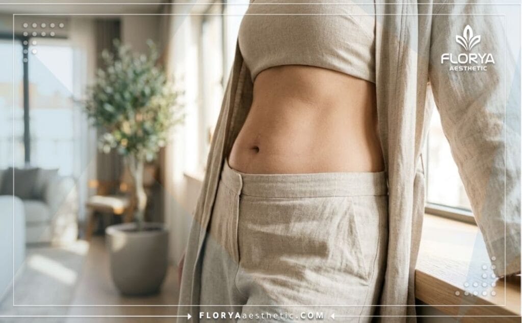 Cinematic close-up shot showcasing the flawless skin texture and successful aesthetic results of post-bariatric surgery