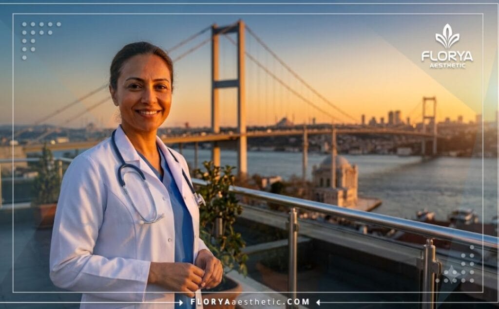 Friendly smiling doctor making direct eye contact with the beautiful Bosphorus Bridge background in Istanbul during golden hour
