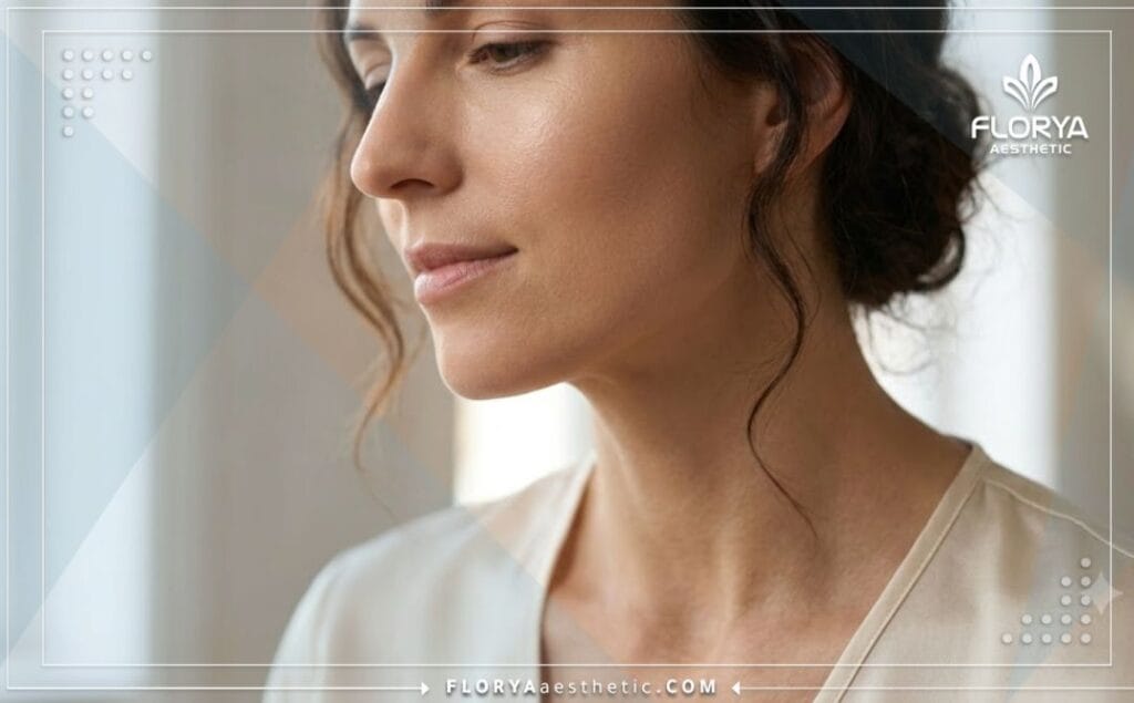 Plan rapproché cinématique mettant en valeur une peau du visage ferme, lisse et parfaitement rajeunie.