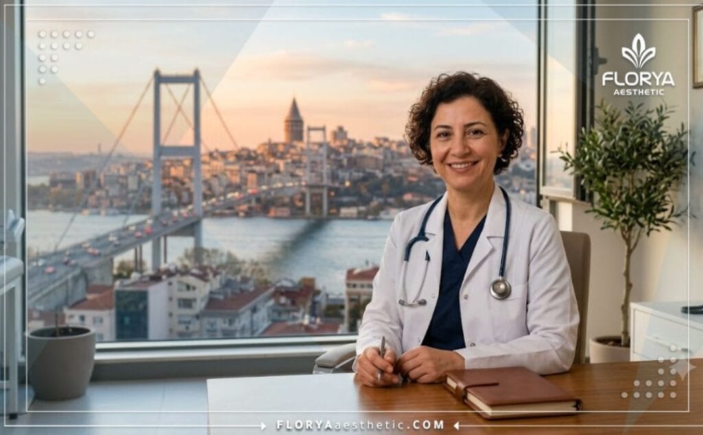 Médecin souriant accueillant chaleureusement les patients à Istanbul avec le pont du Bosphore en arrière-plan.