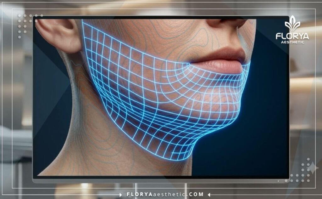 Visualisation technologique en 3D représentant un scan de surface précis pour le remodelage et lifting du visage.