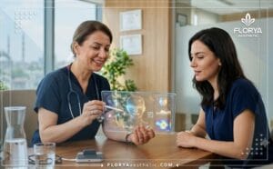 طبيب يوضح خطة علاج أفضل دكتور شد الوجه بالتردد الحراري في تركيا للمريض عبر شاشة لوحية رقمية متطورة.