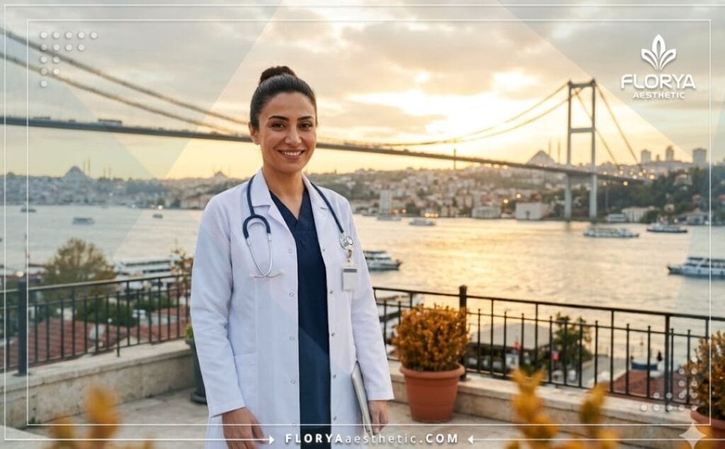 Smiling cosmetic surgeon with Istanbul Bosphorus background