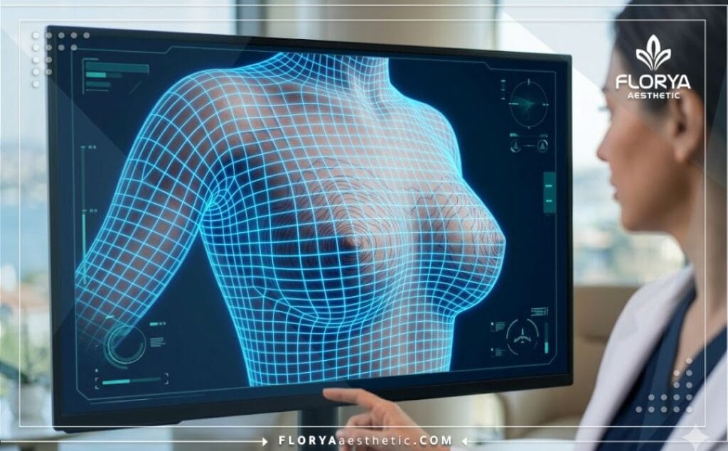 مسح رقمي ثلاثي الأبعاد متطور يوضح دقة القياسات والتقنيات الحديثة لمنطقة الصدر.