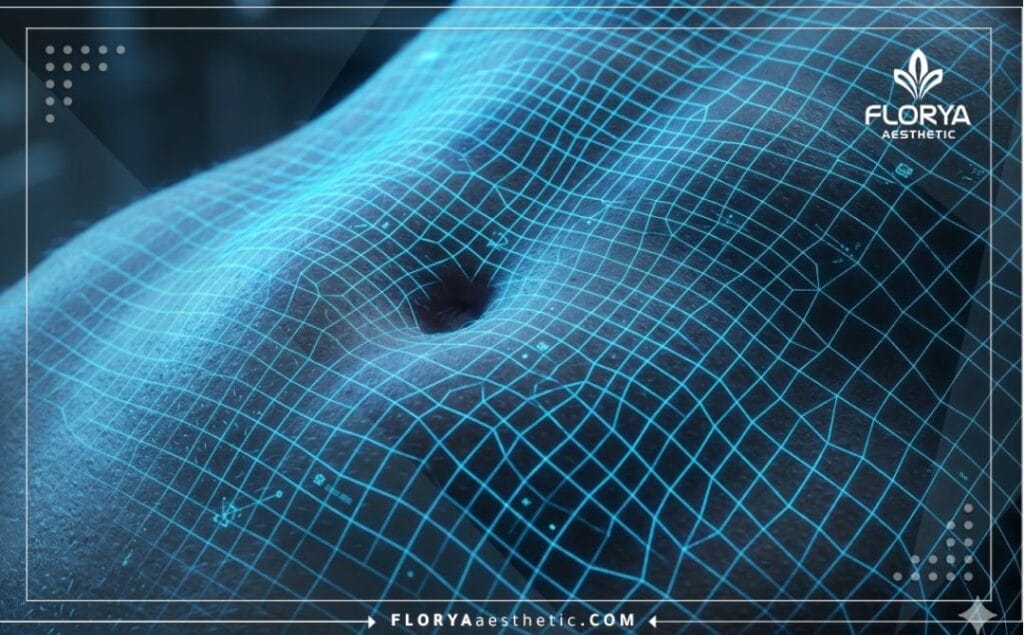 3D macro surface scan of the lower abdomen area showing surgical precision and advanced tech.