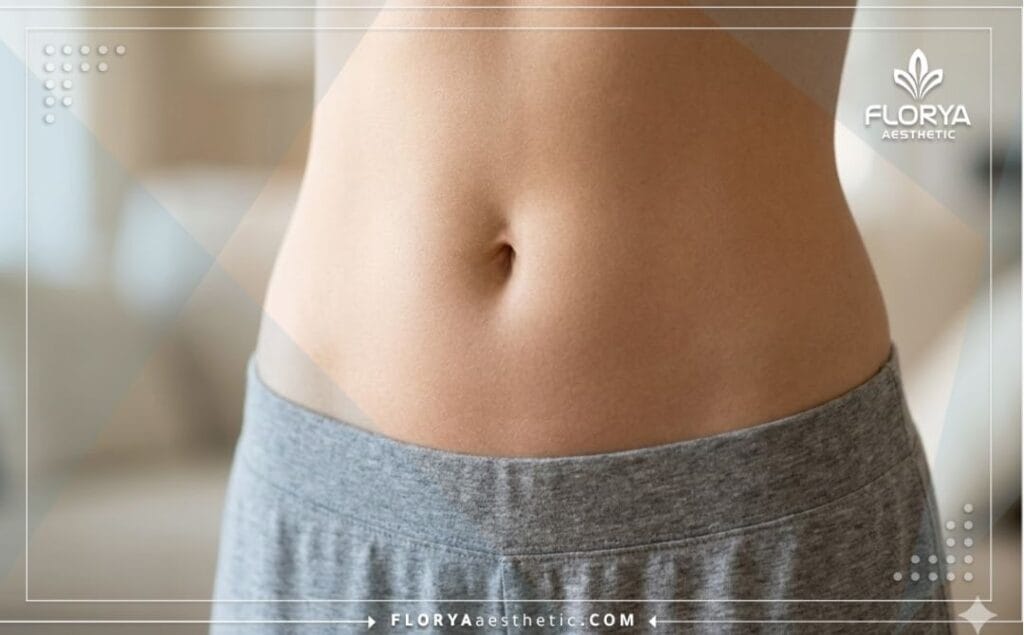 Cinematic close-up of a perfectly flat, firm, and smooth abdominal result.