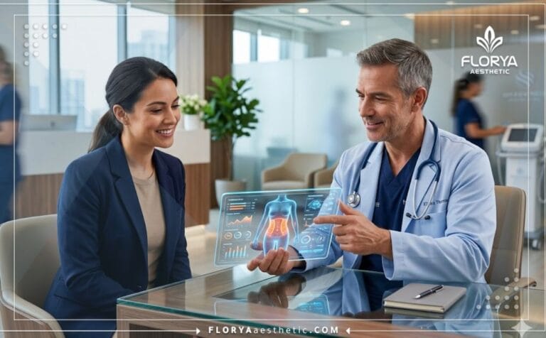 أفضل دكتور تذويب الدهون بالحرارة يستخدم تابلت متطور لعرض خطة العلاج الرقمية