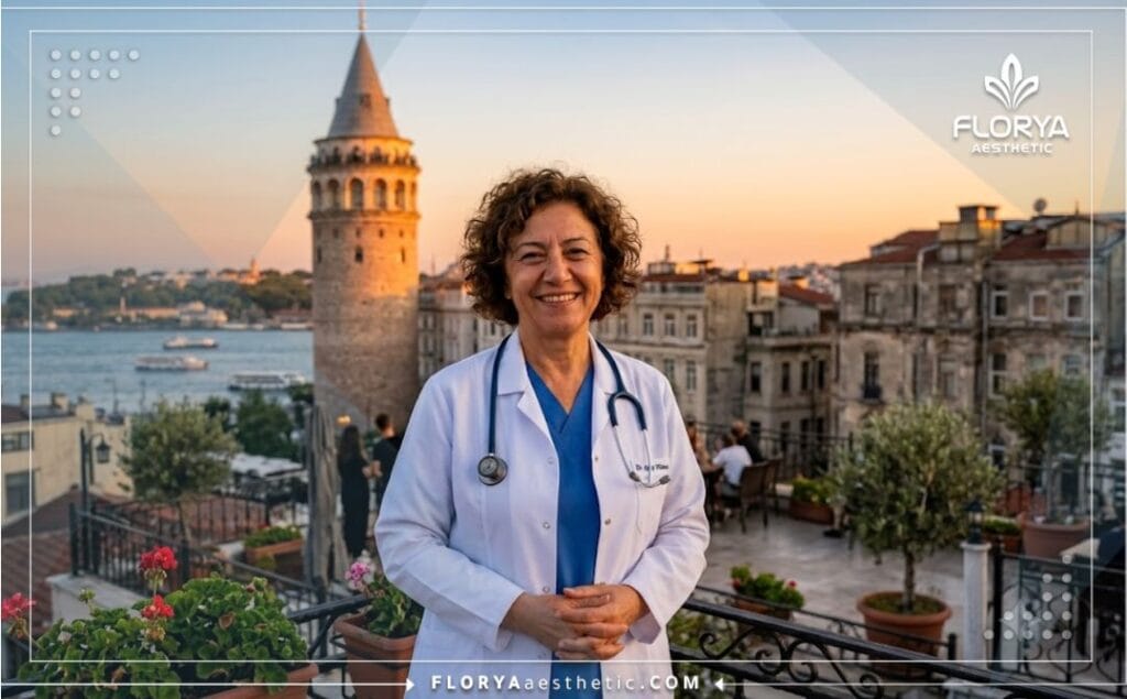 Friendly aesthetic doctor smiling in front of Istanbul skyline