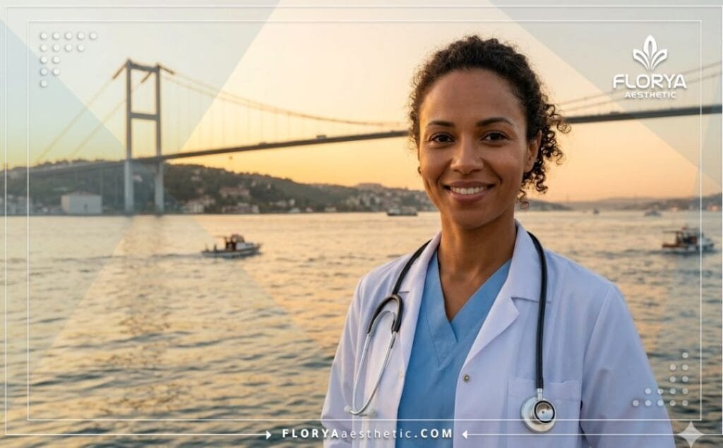 Doctor amistoso dando la bienvenida a los pacientes con la ciudad de Estambul de fondo.