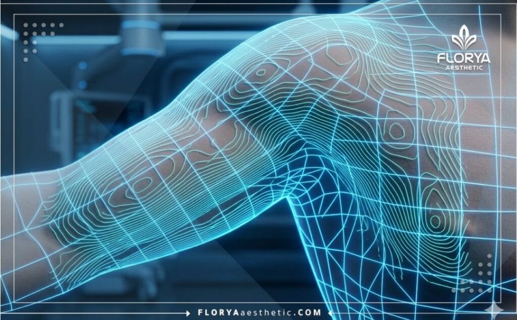 مسح رقمي ثلاثي الأبعاد يوضح تفاصيل منطقة الذراعين بدقة طبية عالية.