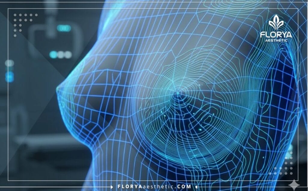 High-tech macro 3D surface scan and neon blue laser topographic mesh focusing on the chest anatomy.