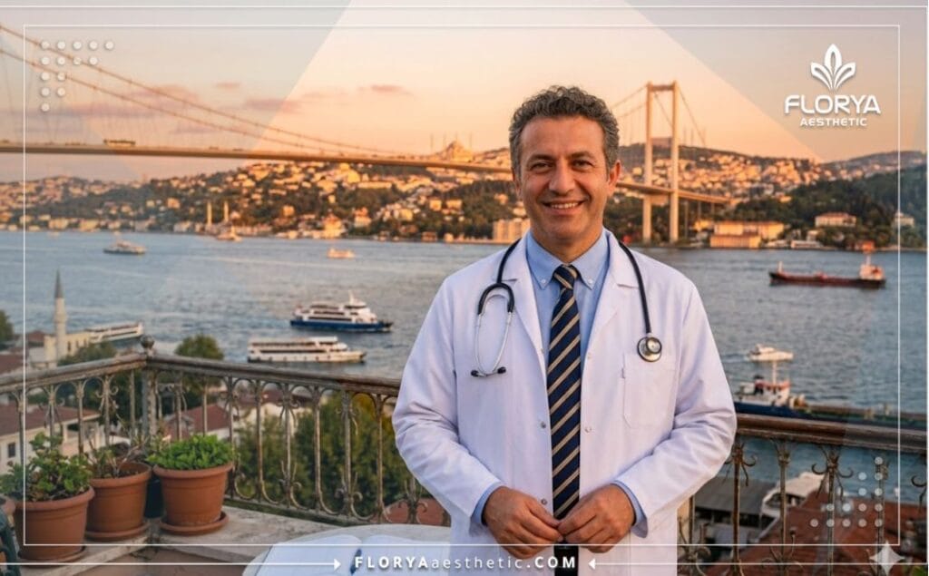 Friendly medical expert smiling in front of the historic Galata Tower in Istanbul at golden hour.