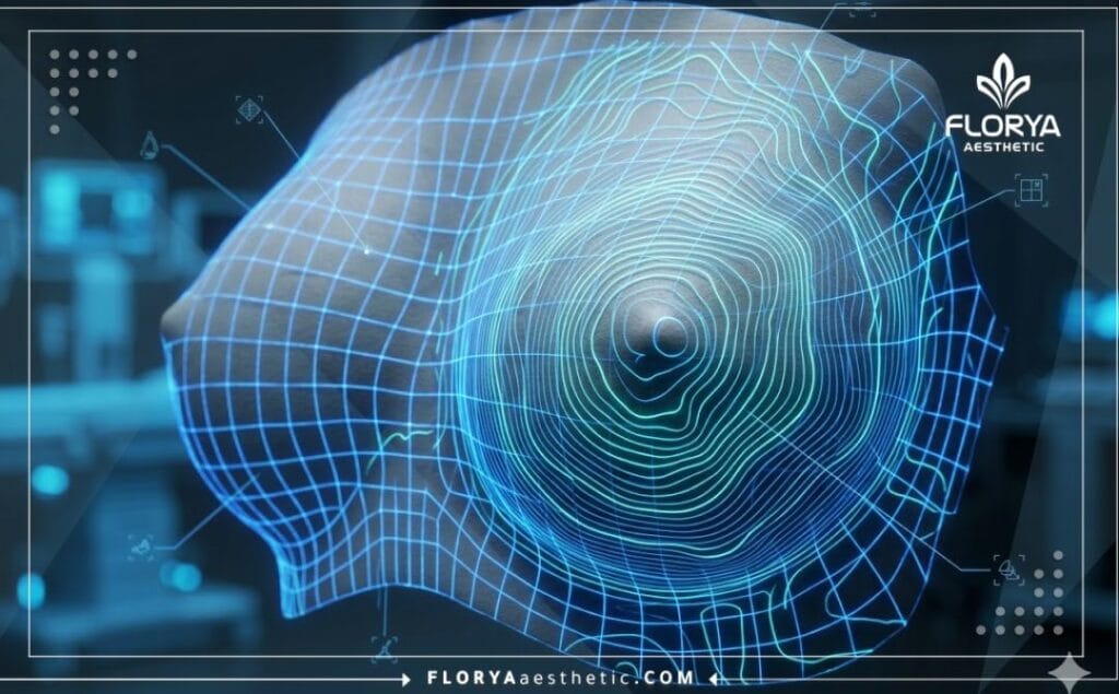 Escaneo digital tridimensional macro con una rejilla holográfica azul sobre el área anatómica superior del cuerpo
