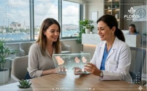 Especialista médico enseñando el diseño digital interactivo para el mejor cirujano de reducción de pecho en Turquía a una paciente