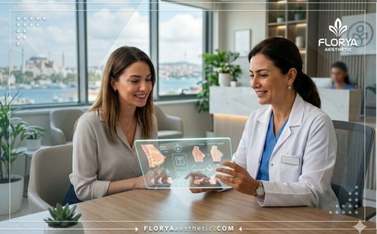 طبيب يشرح خطة العلاج الرقمية باستخدام شاشة لوحية لـ أفضل دكتور تصغير الثدي في تركيا
