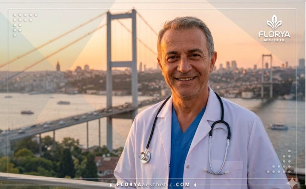 Médecin souriant accueillant les patients à Istanbul avec la tour de Galata en arrière-plan au coucher du soleil.