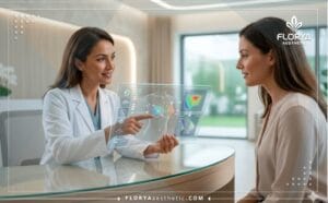 طبيب يشرح خطة العلاج الرقمية باستخدام شاشة لوحية شفافة مع المريضة للبحث عن أفضل أطباء جراحات الثدي.