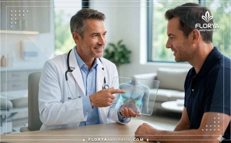 طبيب محترف يشرح خطة العلاج الرقمية مع أفضل دكتور شفط دهون الصدر للرجال باستخدام جهاز لوحي متطور.