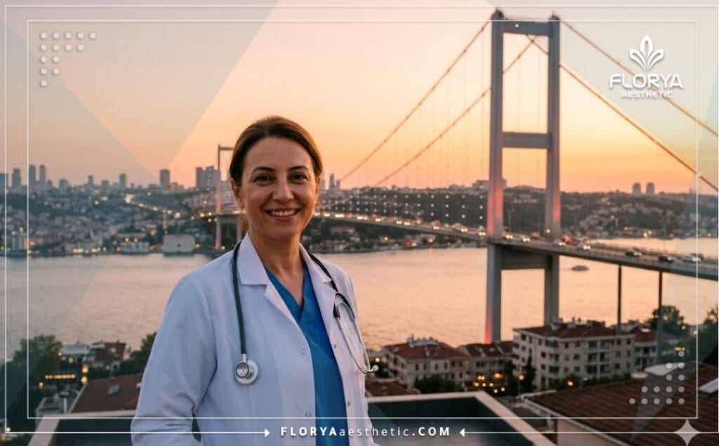 Médecin esthétique souriant à Istanbul avec le pont du Bosphore en arrière-plan.