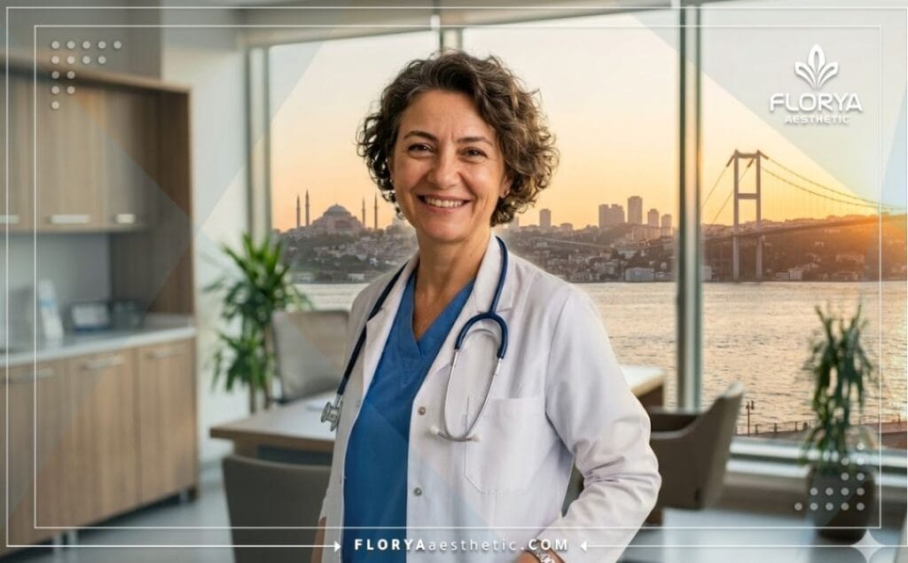 Chirurgien accueillant et souriant devant le pont du Bosphore à Istanbul.