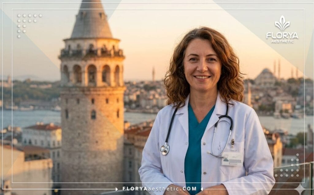 Smiling expert doctor standing in front of an Istanbul landmark