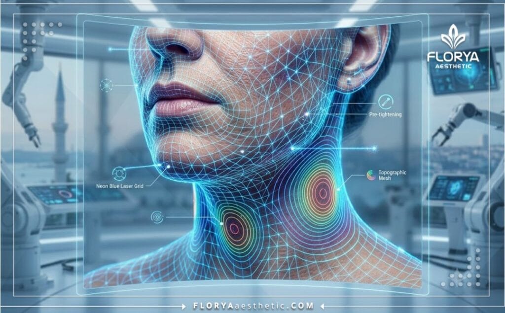 مسح رقمي ثلاثي الأبعاد يوضح دقة شد الجلد بتقنية البلازما الباردة في المناطق المستهدفة.