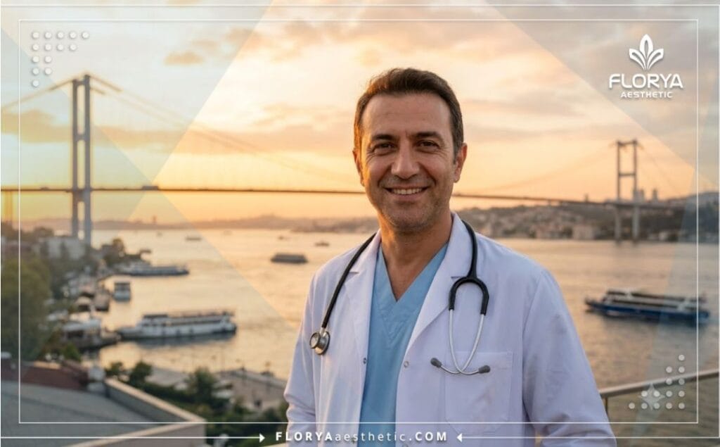 طبيب تجميل يبتسم ويرحب بالمرضى مع خلفية جسر البوسفور في اسطنبول.