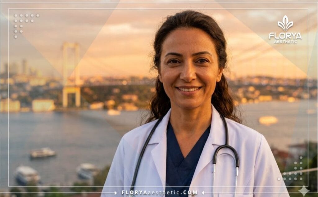 طبيب ودود يرحب بالمرضى مع خلفية رائعة لمدينة إسطنبول