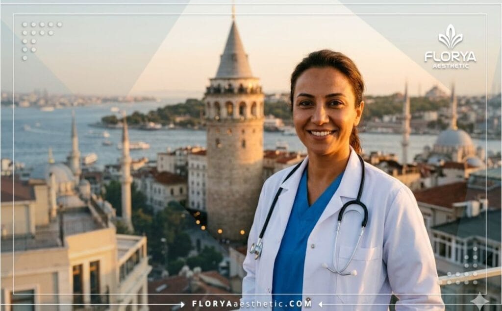 Friendly expert doctor standing in front of the Bosphorus Bridge in Istanbul.