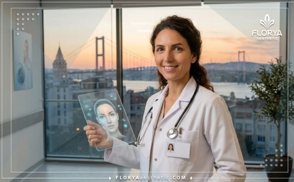 طبيب تجميل مبتسم يرحب بالمرضى في إسطنبول مع إطلالة واضحة على جسر البوسفور.