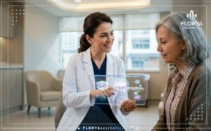 طبيب يشرح خطة أفضل دكتور علاج تجاعيد الجبهة في تركيا للمريض عبر شاشة رقمية متطورة.