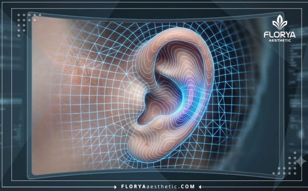 Numérisation 3D avancée de l'oreille montrant la précision de la technologie médicale pour l'esthétique.