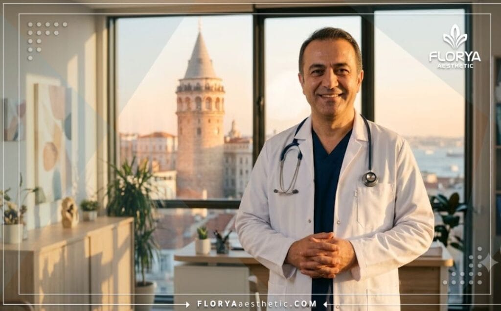 Docteur souriant et accueillant avec un monument célèbre d'Istanbul en arrière-plan.