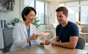 أفضل دكتور نحت عضلات الصدر يراجع خطة العلاج الرقمية مع مريضه.