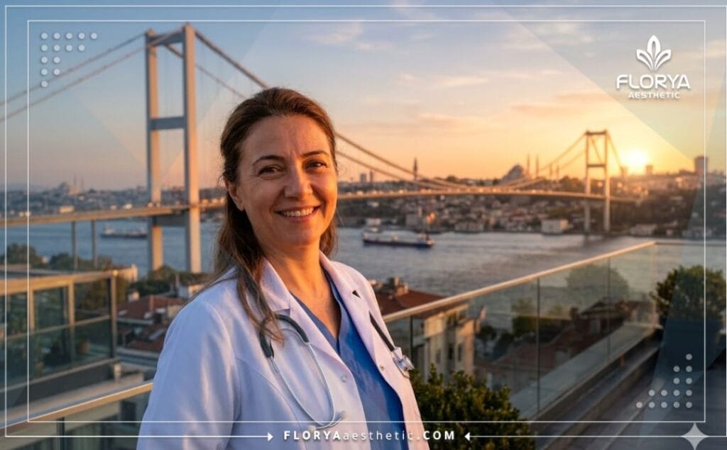 Médico profesional dando la bienvenida en una clínica con vistas panorámicas al skyline de Estambul.