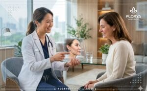 طبيب محترف يشرح خطة العلاج عبر جهاز لوحي مع أفضل أطباء تجميل الوجه والرقبة.