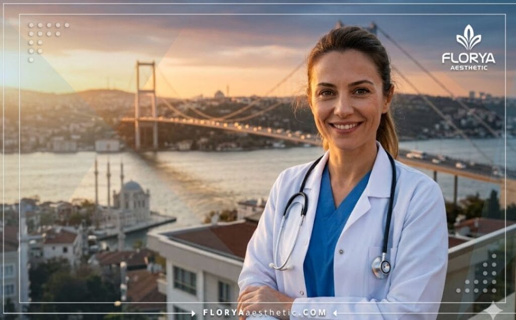 طبيب تجميل يبتسم مع خلفية جسر البوسفور في إسطنبول يرحب بالمرضى.