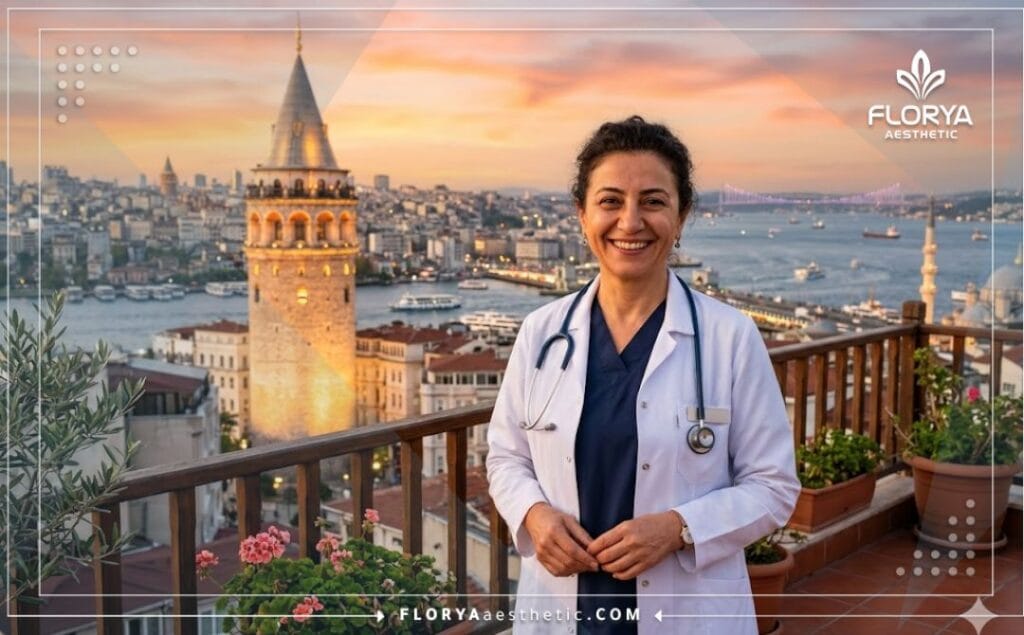Médico sonriente dando la bienvenida a los pacientes a Estambul.