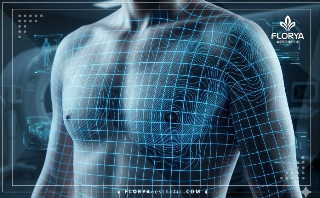 Digital 3D mesh surface scan highlighting chest contouring precision.
