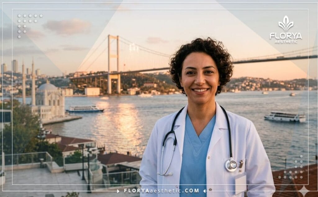 Smiling doctor with Istanbul Bosphorus Bridge in the background.