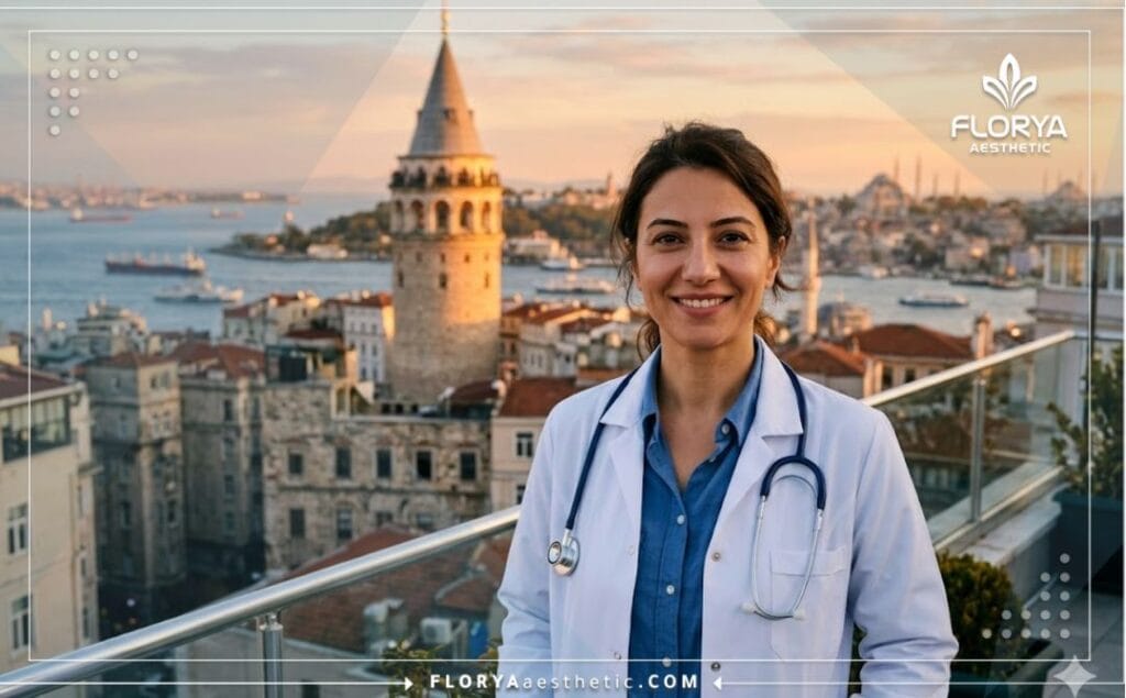 طبيب تجميل يبتسم مع خلفية لمعالم اسطنبول السياحية