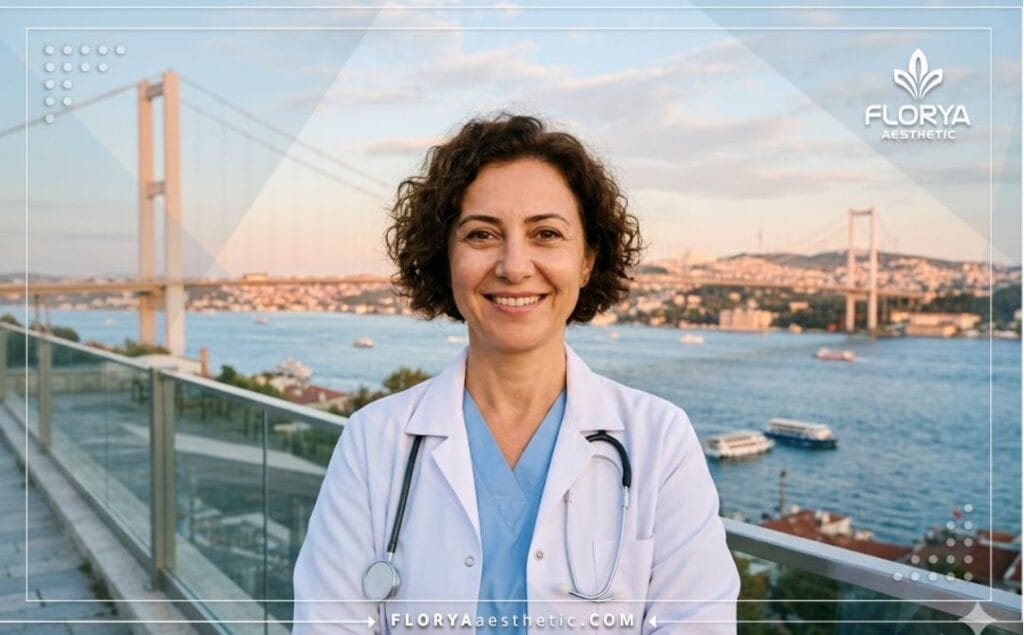 Welcoming plastic surgeon standing with the Galata Tower in Istanbul behind