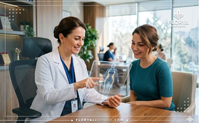 طبيب محترف يناقش خطة العلاج الرقمية مع المريض باستخدام أفضل دكتور نحت الخصر في تركيا