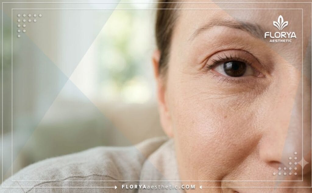 Gros plan cinématique montrant le résultat parfait et naturel d'une chirurgie des paupières.