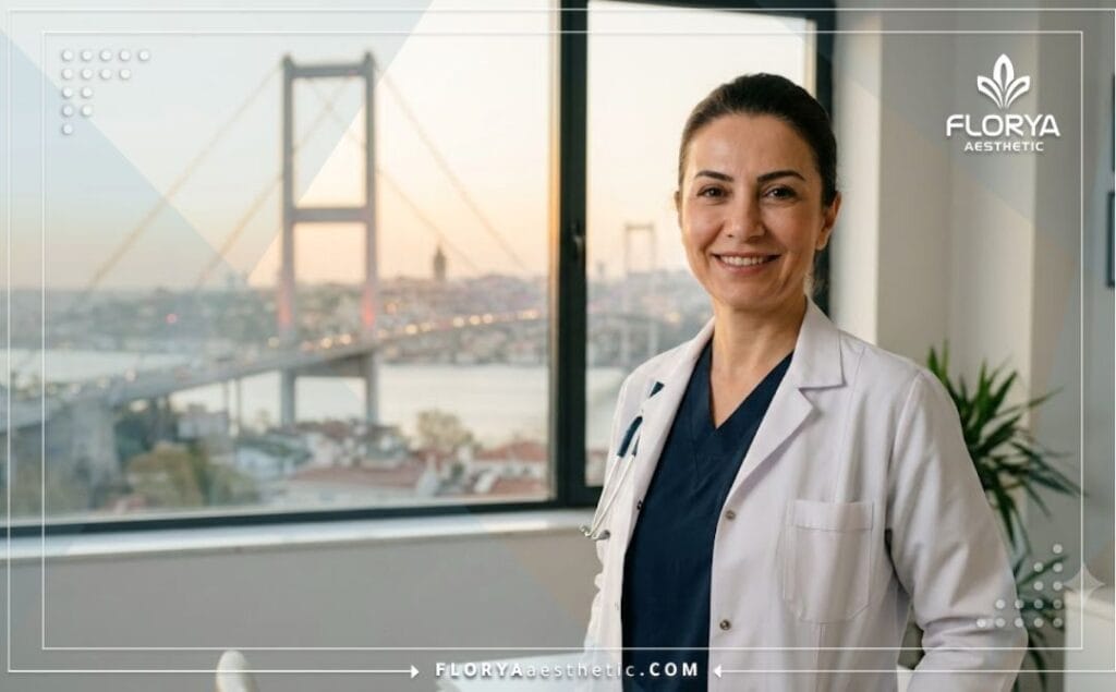 Cirujano estético sonriente dando la bienvenida a los pacientes en Estambul con el majestuoso puente del Bósforo detrás.