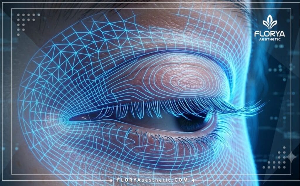 مسح رقمي ثلاثي الأبعاد لمنطقة العين يوضح تفاصيل الأجفان بدقة عالية للتحضير الطبي