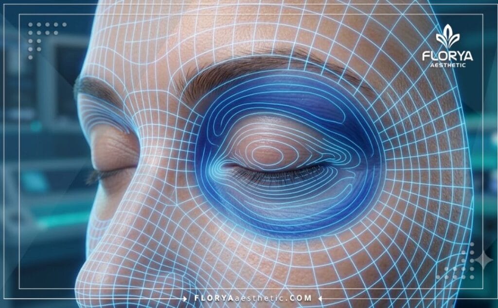 Medical 3D surface scan showing high-tech laser grid mapping around the eye and eyelid area.