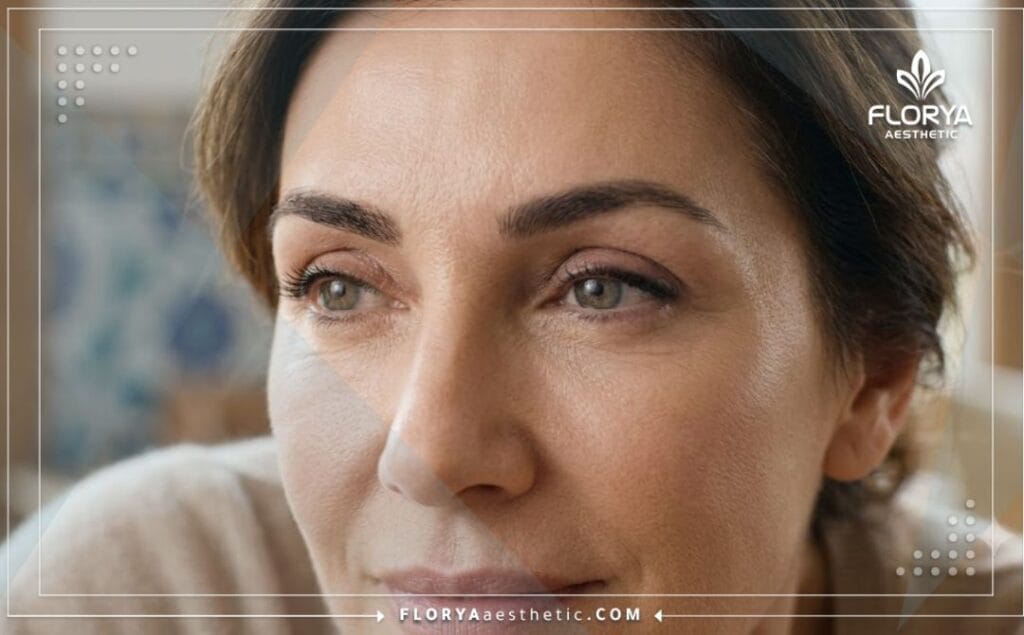 Close-up cinematic shot showing perfect and smooth healing results of an eyelid rejuvenation procedure.