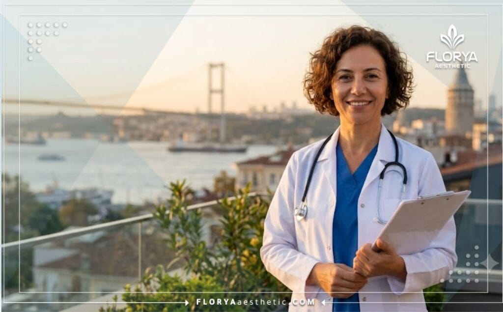 Friendly specialist welcoming patients with the scenic Bosphorus bridge of Istanbul in the background.
