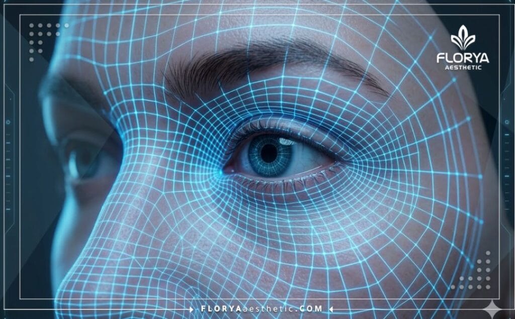 High-tech 3D macro surface scan highlighting the orbital anatomy with a blue laser grid.